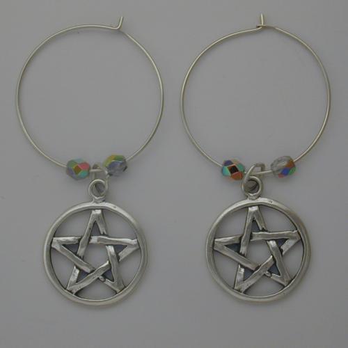 Sterling silver hoop with a sterling silver pentagram by two clear Czech glass beads.