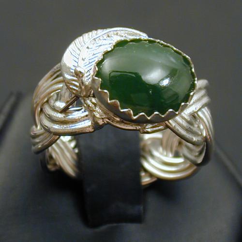 Large Celtic Knotwork Leaf Ring with Jade