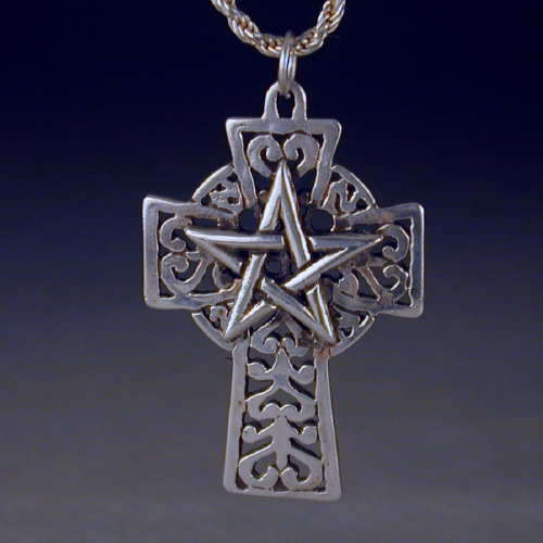 A celtic cross with a five pointed star superimposed on the top.