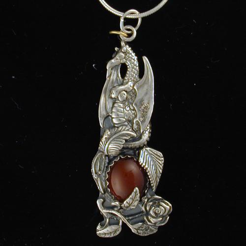 Rosebud Dragon Sterling Silver and Carnelian Pendant