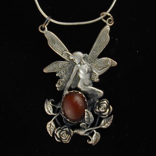 Rosebud Picker Fairy Sterling Silver and Carnelian Pendant