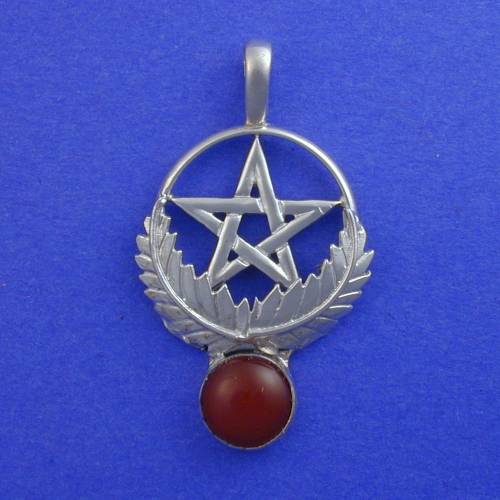 The pentagram has long been associated with protection in many cultures. The knights of the crusades had the star placed on their shields as a protective talisman. Where the symbol of the cross represented the Christs suffering the pentacle represented his protection. This Sterling silver piece is set with a 12mm round carnelian, a popular stone from ancient Egypt through the middle ages, and the Renaissance. This stone is associated with protection and courage.