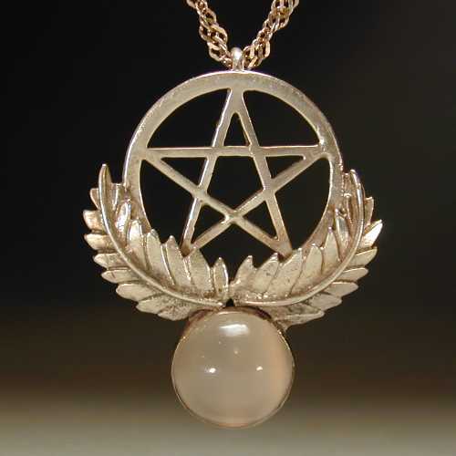 Large sterling silver pentagram flanked by leaves with a half-inch cats-eye moonstone below.