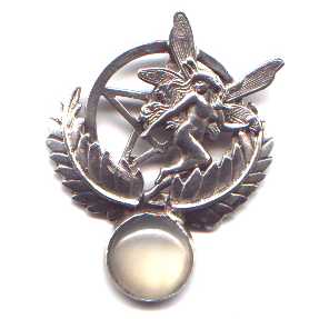 A fairy sets nestled in a large sterling silver pentagram flanked by leaves. A half-inch cats-eye moonstone is mounted below.