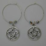 Sterling silver hoop with a sterling silver pentagram by two clear Czech glass beads.