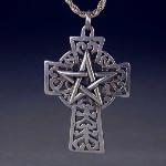 A celtic cross with a five pointed star superimposed on the top.