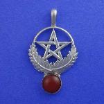 The pentagram has long been associated with protection in many cultures. The knights of the crusades had the star placed on their shields as a protective talisman. Where the symbol of the cross represented the Christs suffering the pentacle represented his protection. This Sterling silver piece is set with a 12mm round carnelian, a popular stone from ancient Egypt through the middle ages, and the Renaissance. This stone is associated with protection and courage.