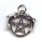 Two sterling silver dolphins flank this pentagram.